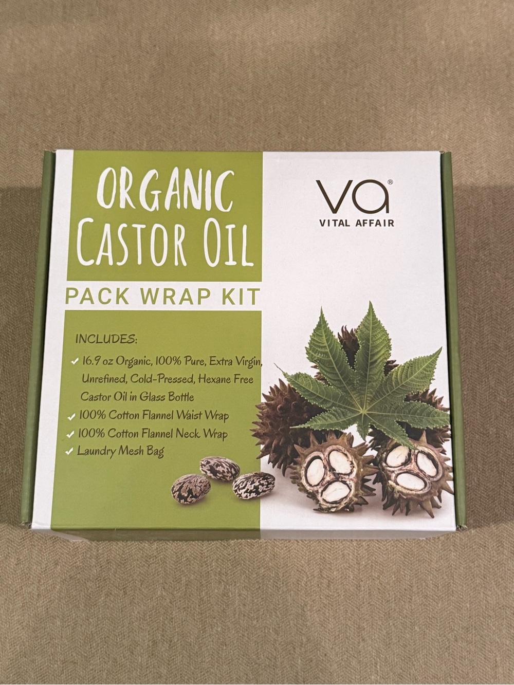 Vital Affairs Castor Oil Pack Wrap Kit 16oz Glass Bottle with Organic Castor Oil
